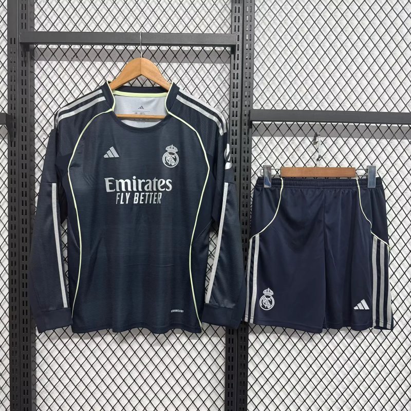 Kids-Real Madrid 25/26 Away Navy Blue Long Soccer Jersey